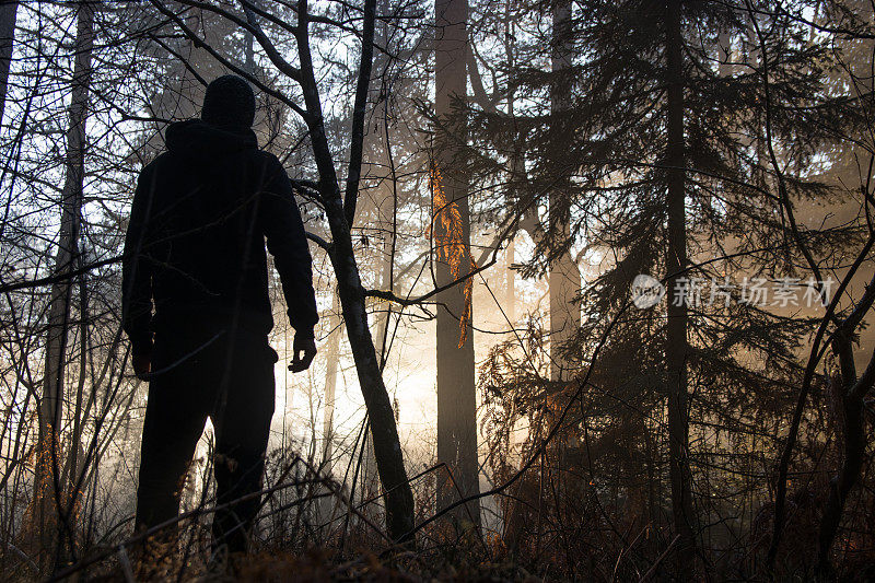 Man silhouette in the forest lit by evening sky